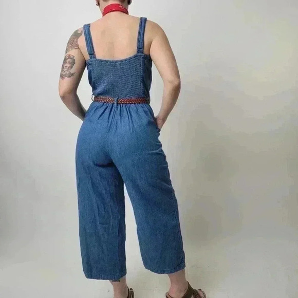 Wide Leg Denim Cropped Romper Jumpsuit - M - Picture 4 of 10